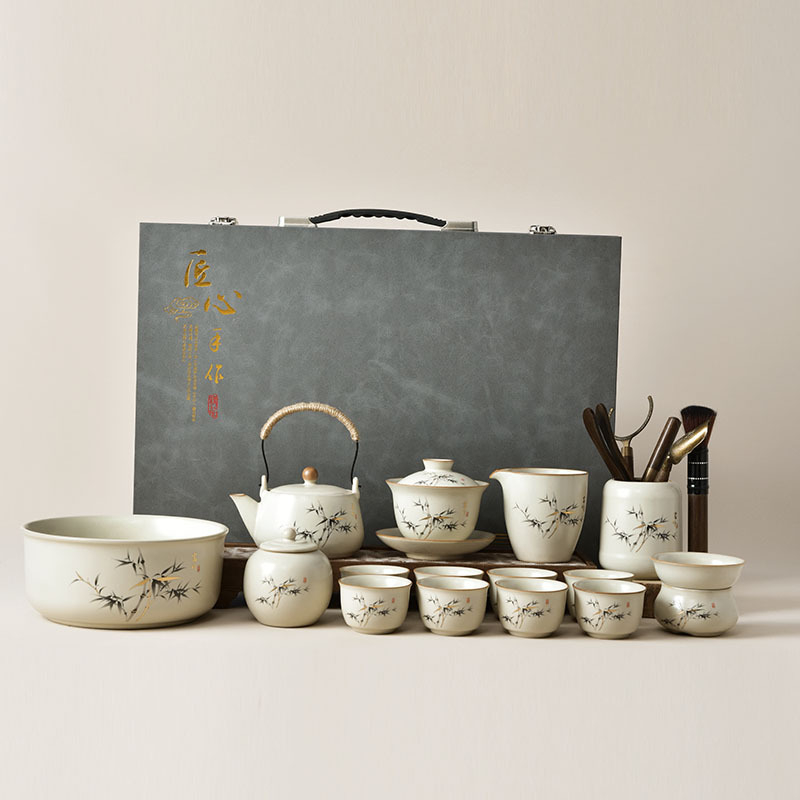 Set de ceai în stil gaiwan din porțelan alb, în cutie cadou, ceramic pentru casă și birou, pentru 6 persoane, design modern minimalist, personalizabil