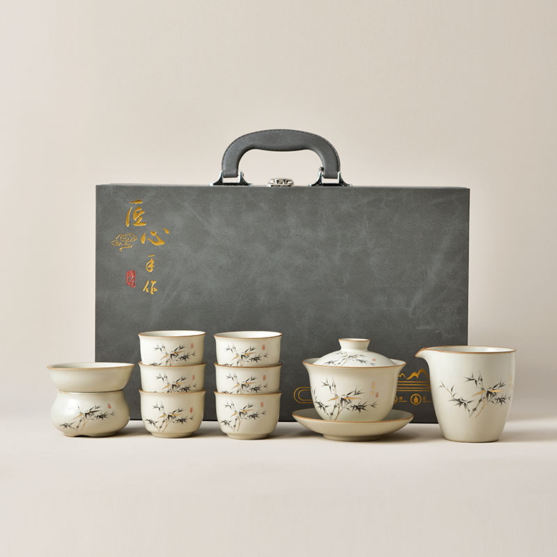 Set de ceai în stil gaiwan din porțelan alb, în cutie cadou, ceramic pentru casă și birou, pentru 6 persoane, design modern minimalist, personalizabil