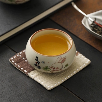 Ceasca de ceai drăguță cu iepuraș norocos, bej ceramic Ru Kiln, set Kung Fu pentru ceai, bol personal pentru ceai