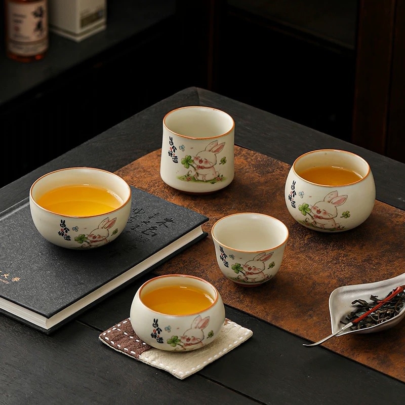 Ceasca de ceai drăguță cu iepuraș norocos, bej ceramic Ru Kiln, set Kung Fu pentru ceai, bol personal pentru ceai