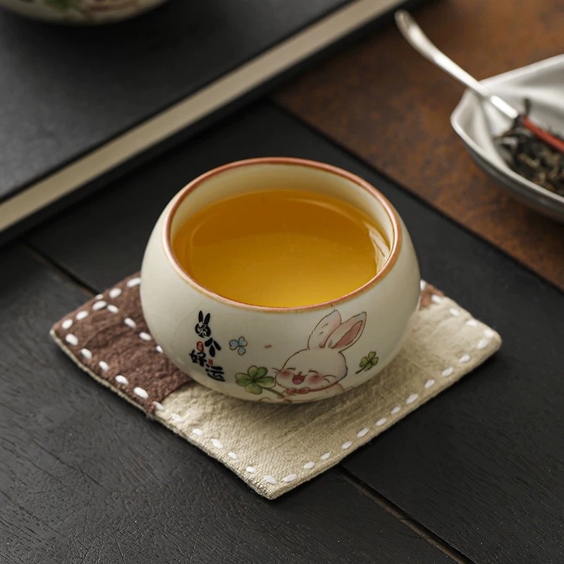 Ceasca de ceai drăguță cu iepuraș norocos, bej ceramic Ru Kiln, set Kung Fu pentru ceai, bol personal pentru ceai