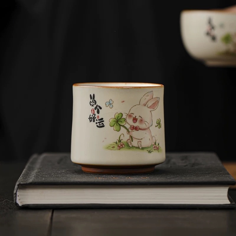 Ceasca de ceai drăguță cu iepuraș norocos, bej ceramic Ru Kiln, set Kung Fu pentru ceai, bol personal pentru ceai