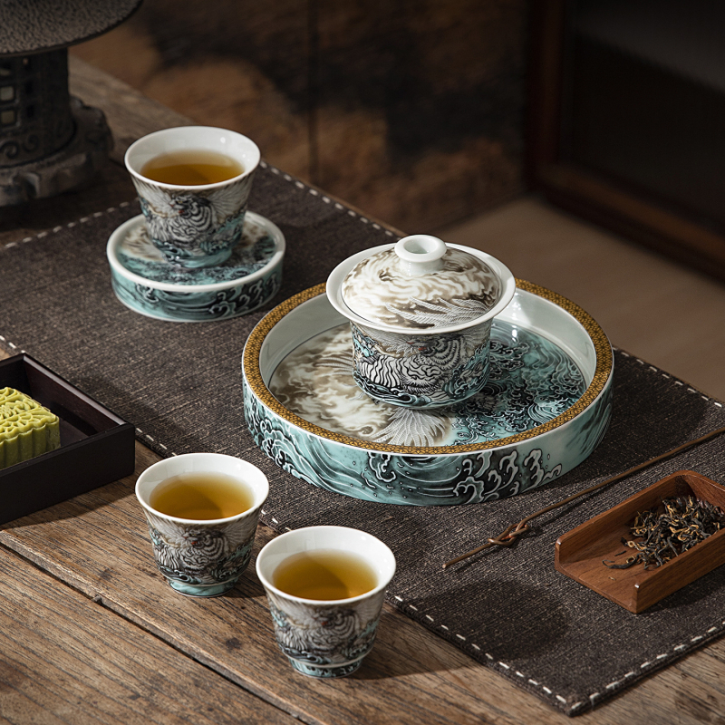 Set ceai chinezesc în stil Kung Fu, cu bol ceramic cu capac și cești, set premium pentru casă, cadou de afaceri