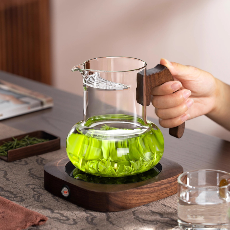 Ceainic de sticlă în formă de semilună, cu filtru integrat și separator ceai-apă, set Kung Fu pentru ceai verde