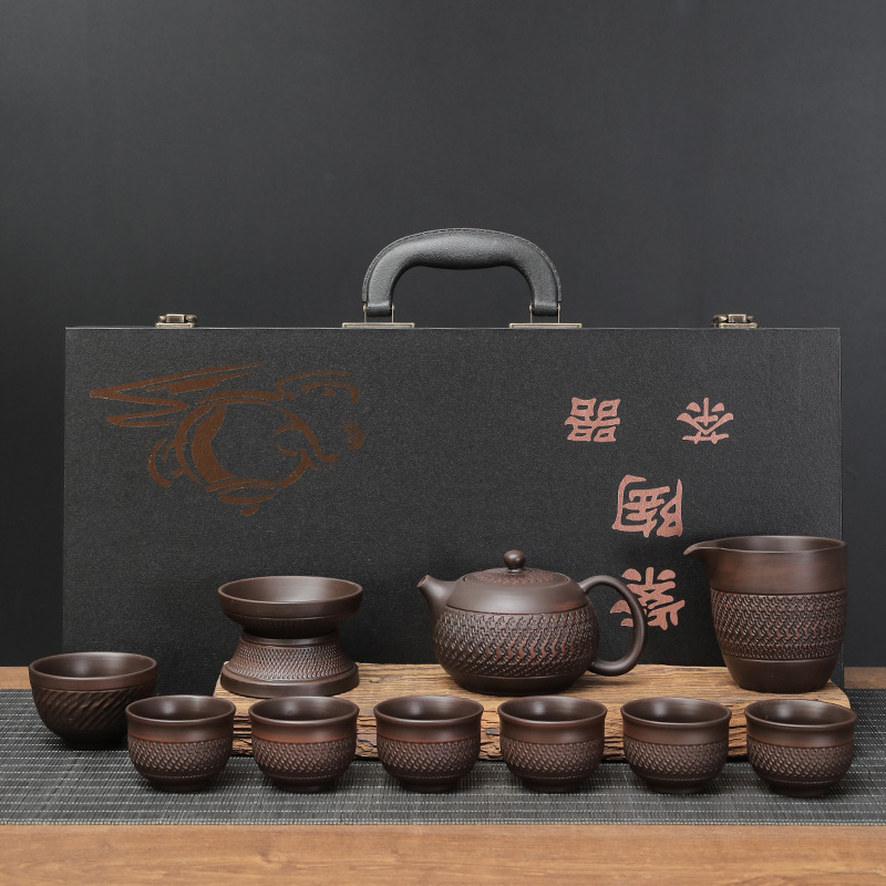 Set de ceai Kung Fu din lut purpuriu Jianshui, stil retro, ceainic și cești în cutie cadou, cu logo personalizat pentru cadouri corporative