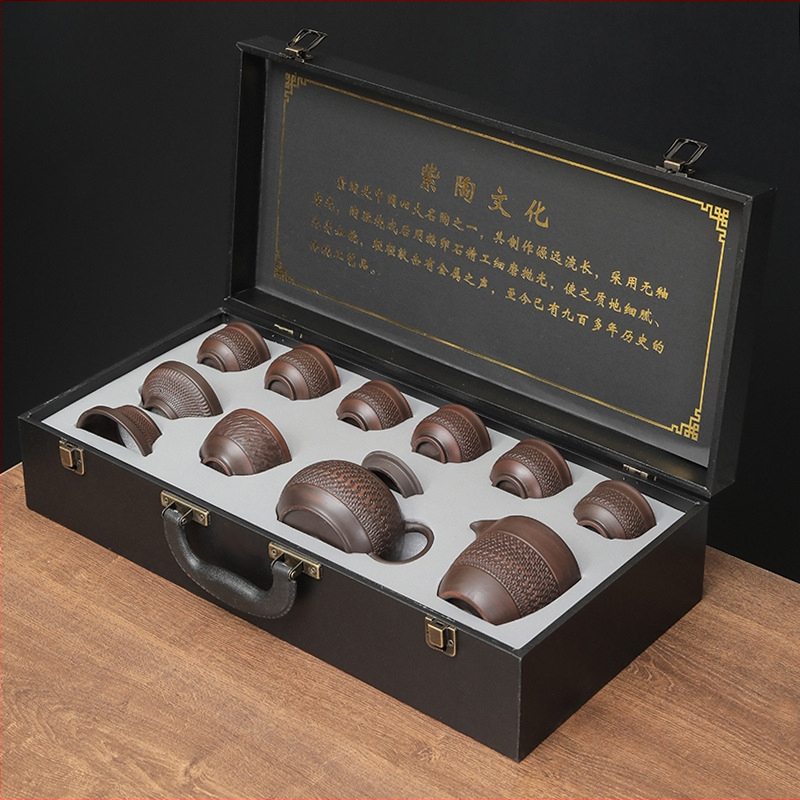 Set de ceai Kung Fu din lut purpuriu Jianshui, stil retro, ceainic și cești în cutie cadou, cu logo personalizat pentru cadouri corporative