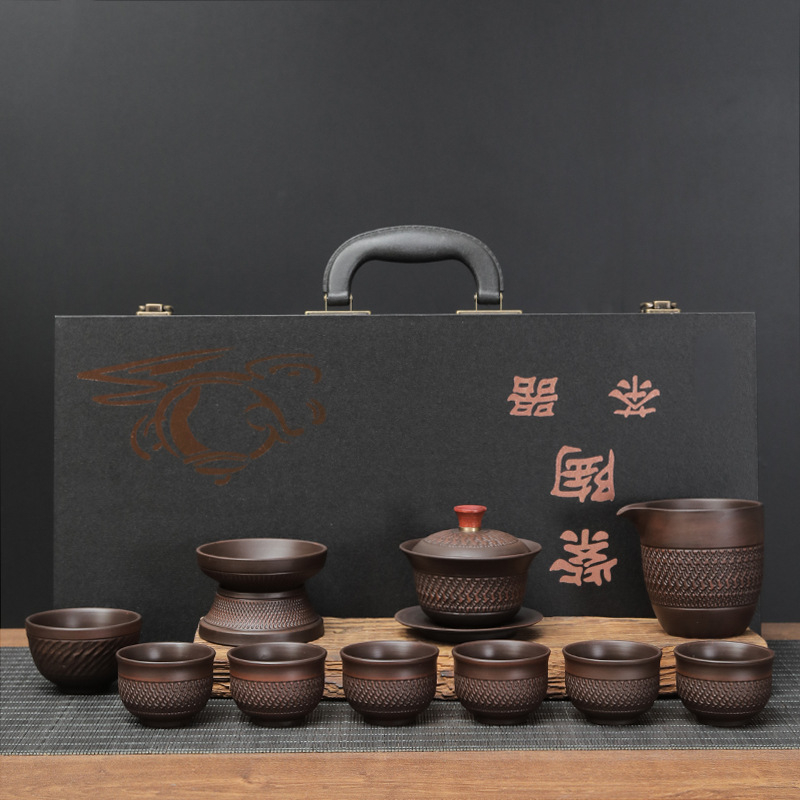 Set de ceai Kung Fu din lut purpuriu Jianshui, stil retro, ceainic și cești în cutie cadou, cu logo personalizat pentru cadouri corporative