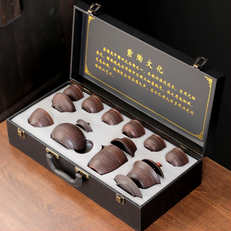 Set de ceai Kung Fu din lut purpuriu Jianshui, stil retro, ceainic și cești în cutie cadou, cu logo personalizat pentru cadouri corporative