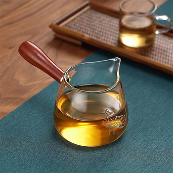 Set de ceai din sticlă borosilicat transparentă, cu mâner din lemn pe lateral, cană de distribuție a ceaiului, motif: floare de prun, orhidee, bambus, crizantemă și lotus