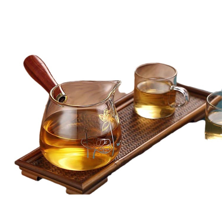 Set de ceai din sticlă borosilicat transparentă, cu mâner din lemn pe lateral, cană de distribuție a ceaiului, motif: floare de prun, orhidee, bambus, crizantemă și lotus