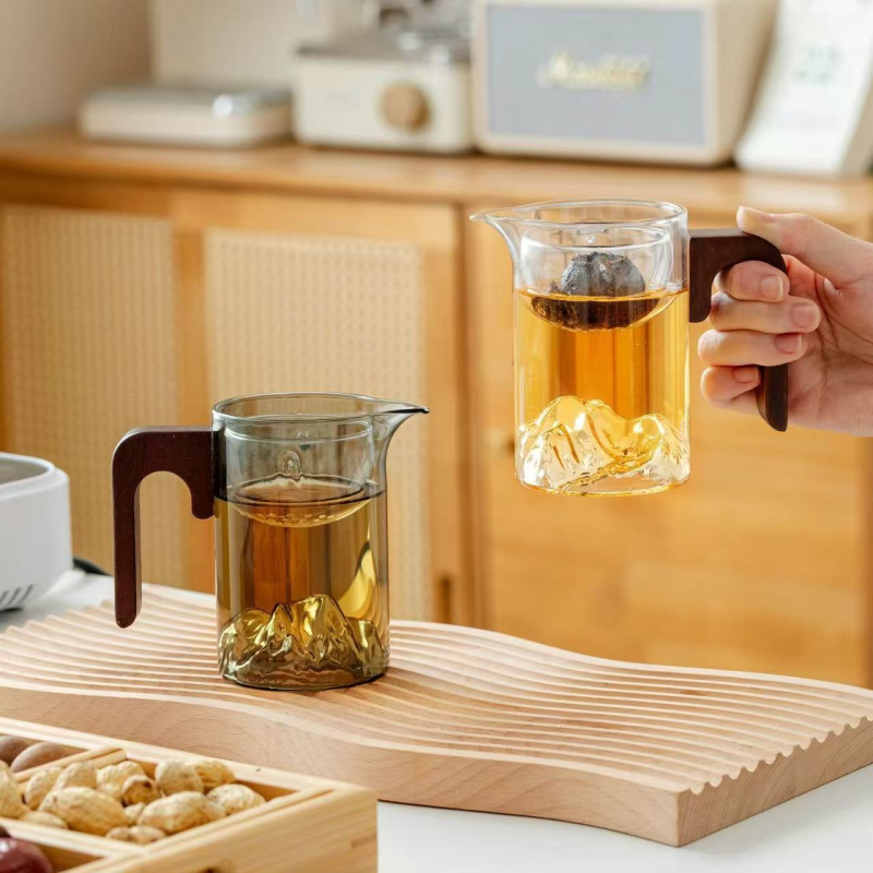 Ceainic rotativ pentru ceai Pu-erh cu citrice, sticlă rezistentă la căldură, mâner din lemn, filtru integrat și ceainic Gongfu