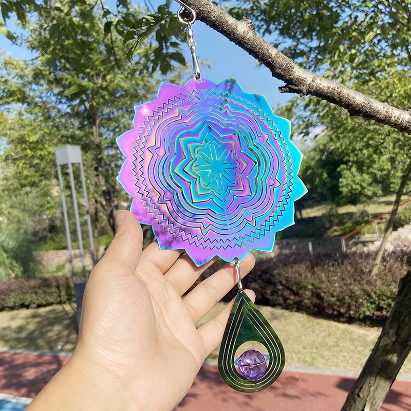 Mandala zvončić za vjetar, 3D s okretnim mehanizmom na tri smjera, od nehrđajućeg čelika, viseća dekoracija