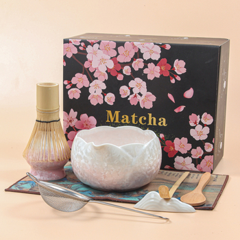 Ceașcă japoneză pentru matcha cu gură — glazură cristalină, set de matcha copt în cuptor, cu tel și linguriță de măsurare