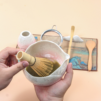 Ceașcă japoneză pentru matcha cu gură — glazură cristalină, set de matcha copt în cuptor, cu tel și linguriță de măsurare