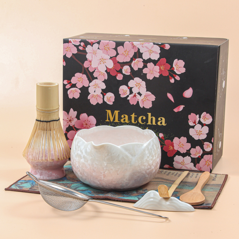 Ceașcă japoneză pentru matcha cu gură — glazură cristalină, set de matcha copt în cuptor, cu tel și linguriță de măsurare