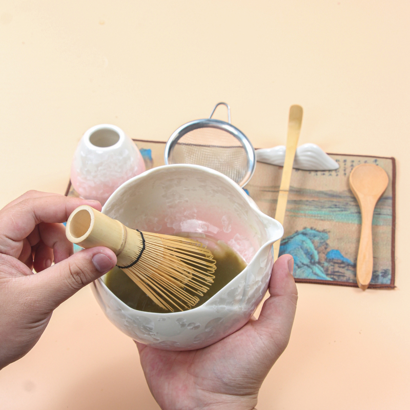 Ceașcă japoneză pentru matcha cu gură — glazură cristalină, set de matcha copt în cuptor, cu tel și linguriță de măsurare