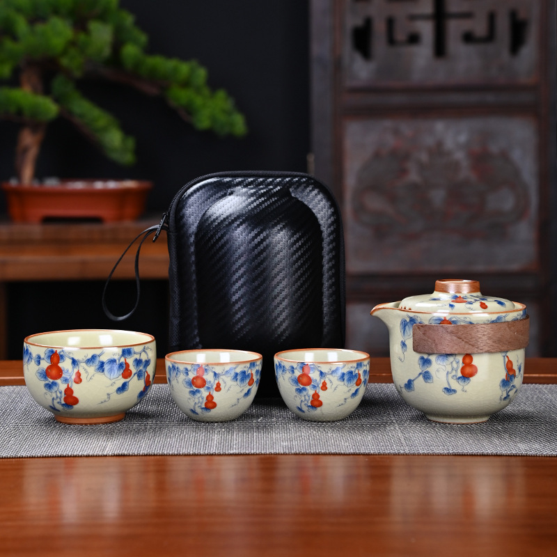 Set ceai Ru Kiln pentru călătorii – ceainic portabil cu trei cești, glazură craquelată, ideal pentru camping și cadouri
