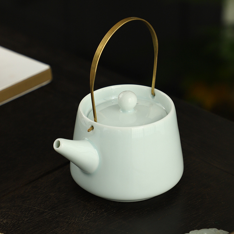 Ceainic ceramic Celadon cu mâner din cupru, stil Chinezesc nou pentru uz casnic, anti-arzire
