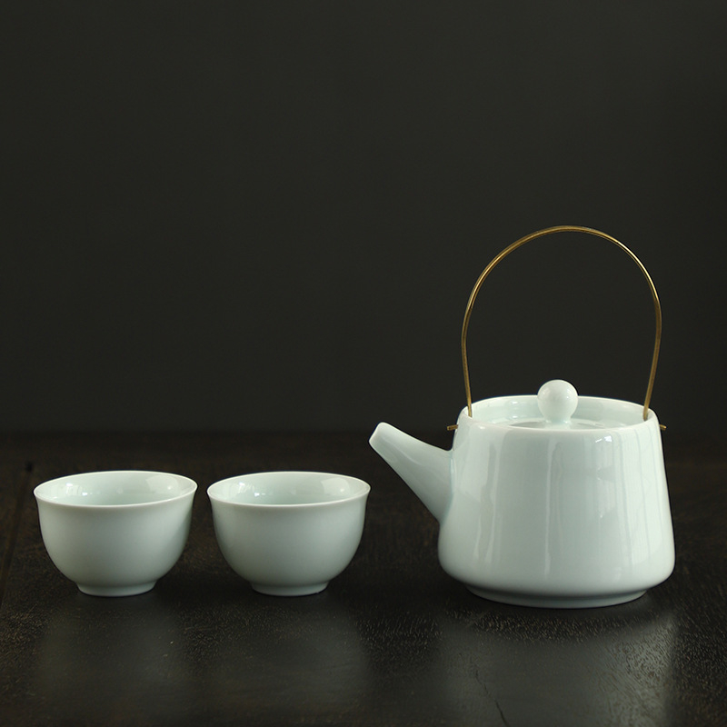 Ceainic ceramic Celadon cu mâner din cupru, stil Chinezesc nou pentru uz casnic, anti-arzire