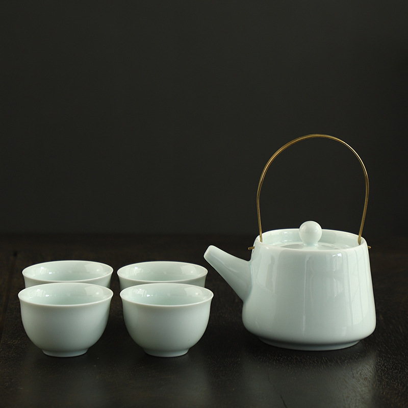 Ceainic ceramic Celadon cu mâner din cupru, stil Chinezesc nou pentru uz casnic, anti-arzire