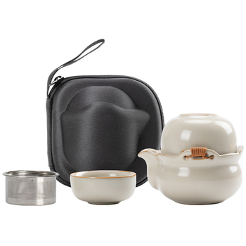Bej porțelan, set mare de ceai cu mâner pentru ceremonie tradițională; ceramică unică; nu este fierbinte la atingere; pentru uz casnic; include ceainic și ceșuță.