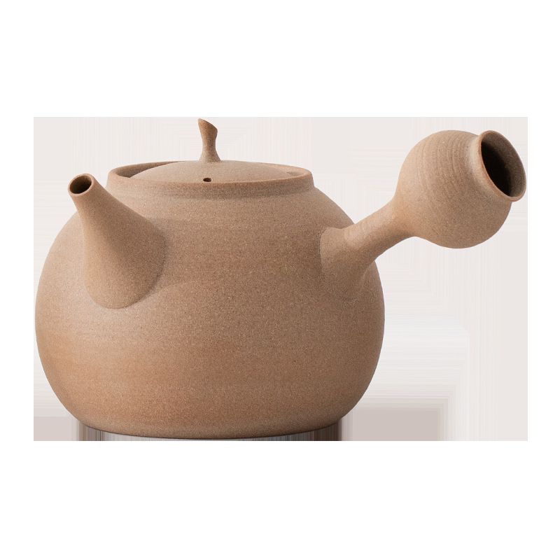 Ceainic din lut vechi de piatră, cu mâner lateral, vas ceramic grosier pentru fierberea apei, potrivit pentru prepararea ceaiului pe sobă cu cărbune