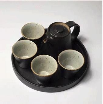 Set Kung Fu de ceai din ceramică, în stil Ru Kiln, cu ceainic cu mâner, patru cești și tavă pentru ceai