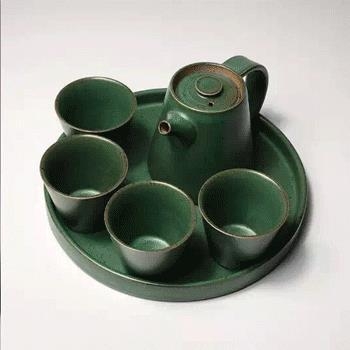 Set Kung Fu de ceai din ceramică, în stil Ru Kiln, cu ceainic cu mâner, patru cești și tavă pentru ceai