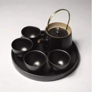 Set Kung Fu de ceai din ceramică, în stil Ru Kiln, cu ceainic cu mâner, patru cești și tavă pentru ceai