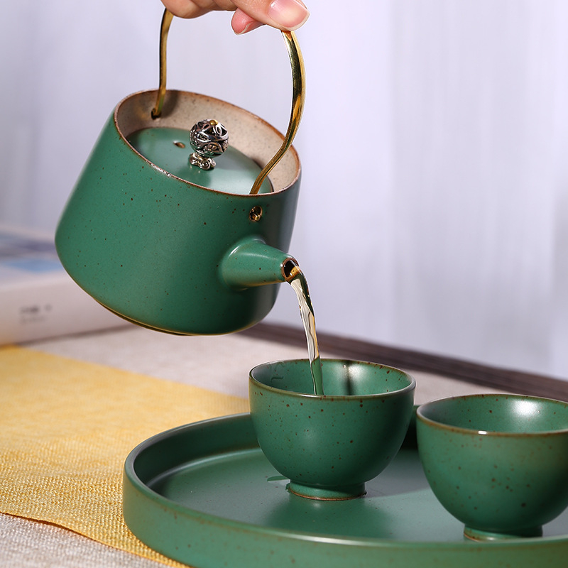 Set Kung Fu de ceai din ceramică, în stil Ru Kiln, cu ceainic cu mâner, patru cești și tavă pentru ceai