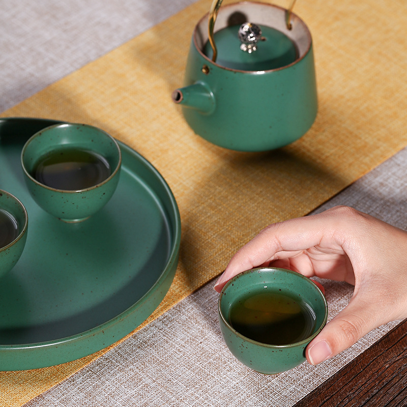 Set Kung Fu de ceai din ceramică, în stil Ru Kiln, cu ceainic cu mâner, patru cești și tavă pentru ceai