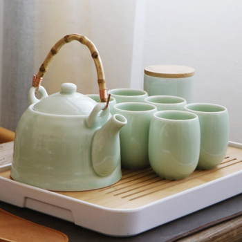 Set ceai celadon din ceramică cu ceainic și cești, stil minimalist japonez, ceainic cu mâner mare, set complet