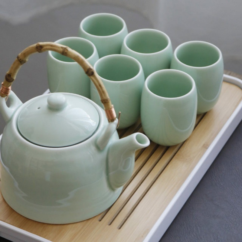 Set ceai celadon din ceramică cu ceainic și cești, stil minimalist japonez, ceainic cu mâner mare, set complet