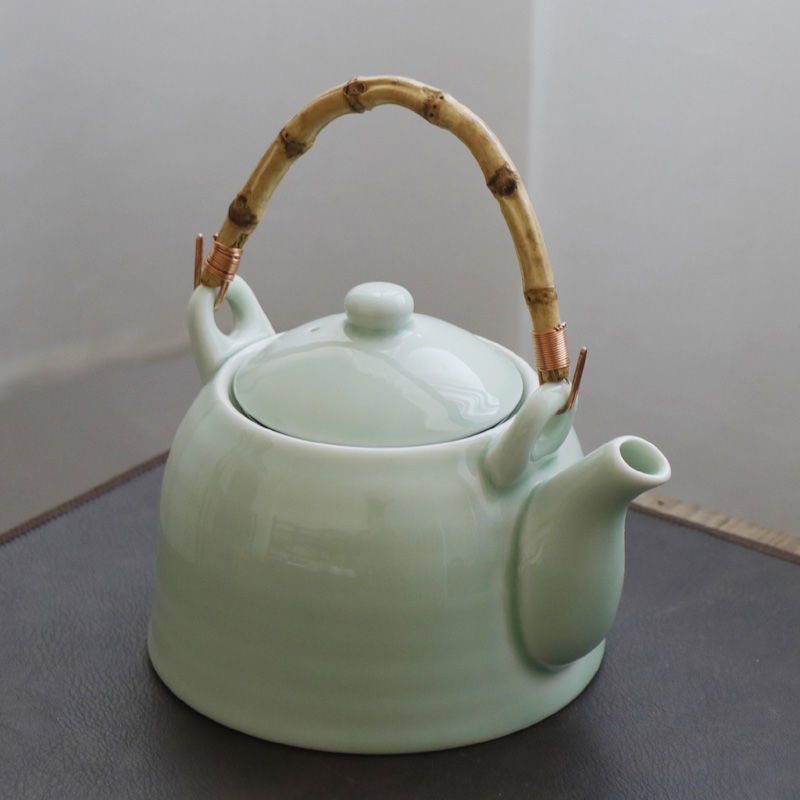 Set ceai celadon din ceramică cu ceainic și cești, stil minimalist japonez, ceainic cu mâner mare, set complet