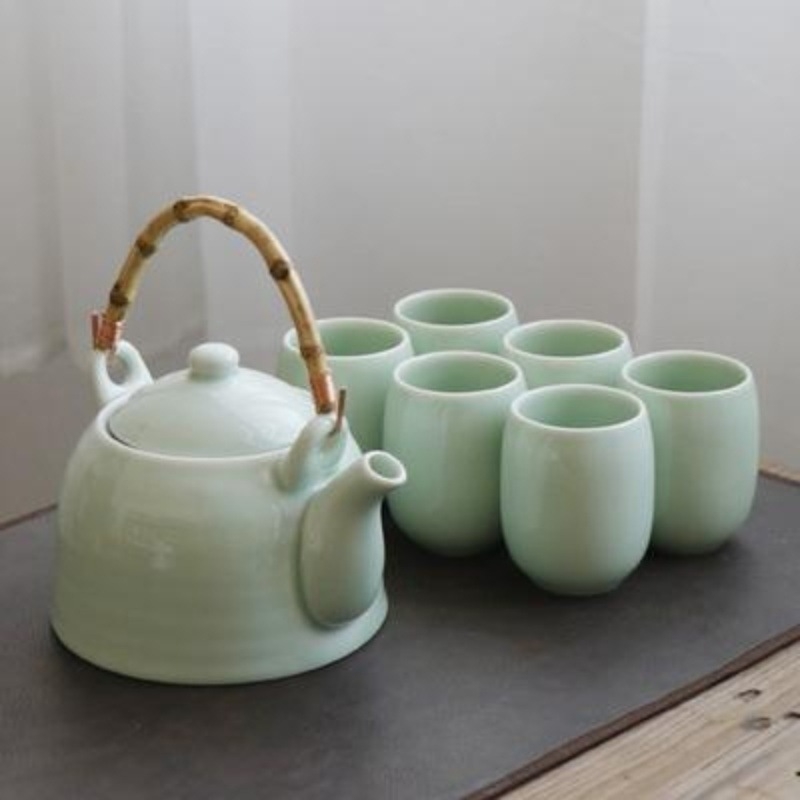Set ceai celadon din ceramică cu ceainic și cești, stil minimalist japonez, ceainic cu mâner mare, set complet