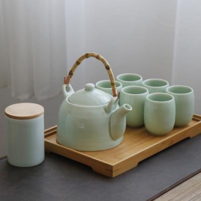 Set ceai celadon din ceramică cu ceainic și cești, stil minimalist japonez, ceainic cu mâner mare, set complet