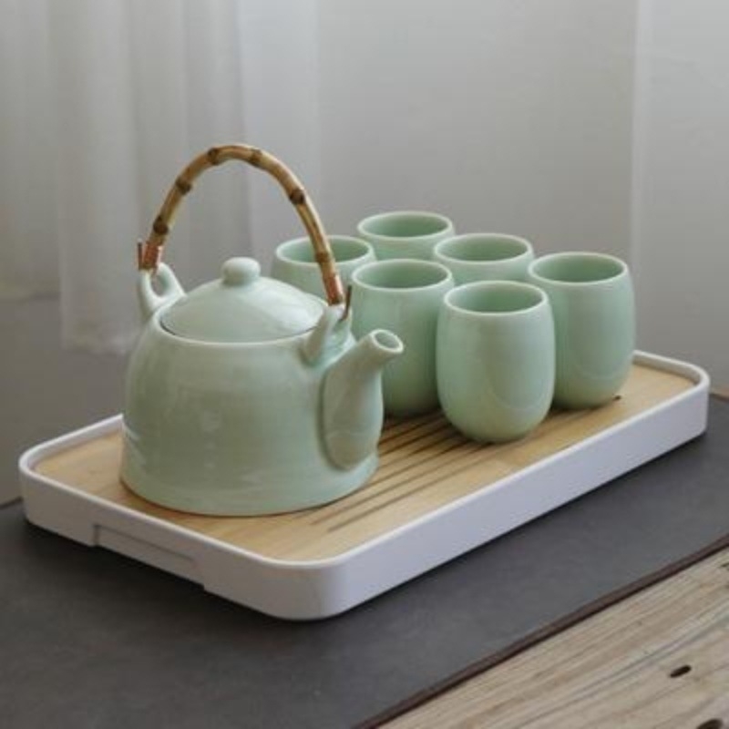Set ceai celadon din ceramică cu ceainic și cești, stil minimalist japonez, ceainic cu mâner mare, set complet