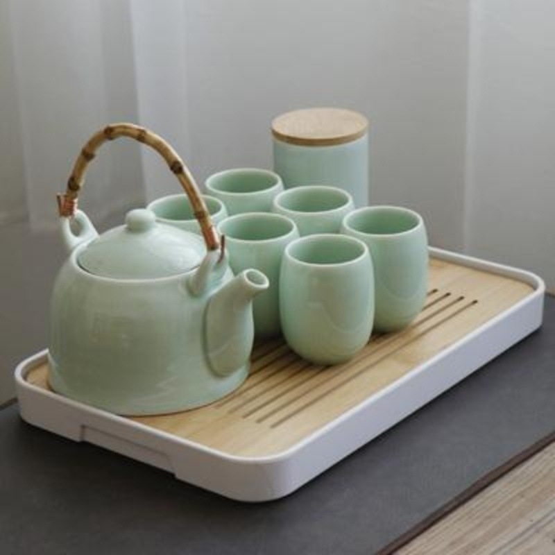 Set ceai celadon din ceramică cu ceainic și cești, stil minimalist japonez, ceainic cu mâner mare, set complet