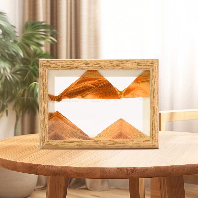 Ramă foto din lemn masiv cu pictură din nisip, clepsidră 3D, decor premium pentru birou și locuință.