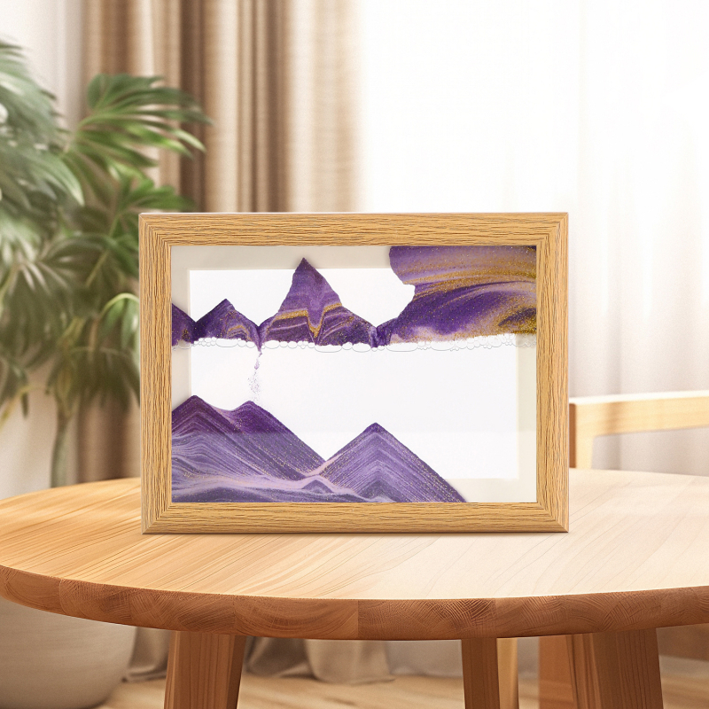 Ramă foto din lemn masiv cu pictură din nisip, clepsidră 3D, decor premium pentru birou și locuință.