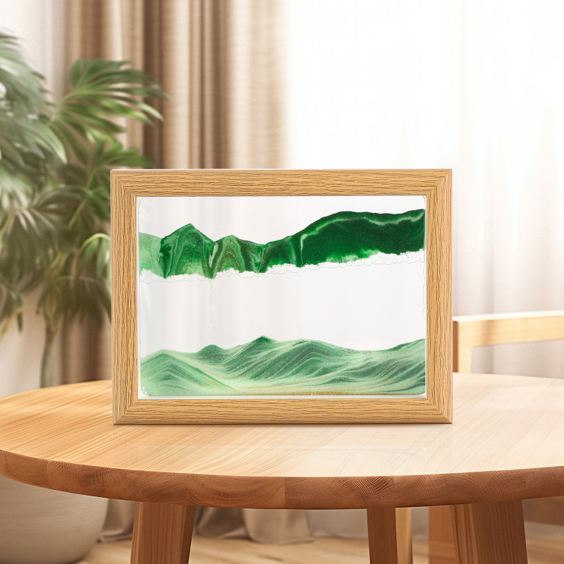 Ramă foto din lemn masiv cu pictură din nisip, clepsidră 3D, decor premium pentru birou și locuință.
