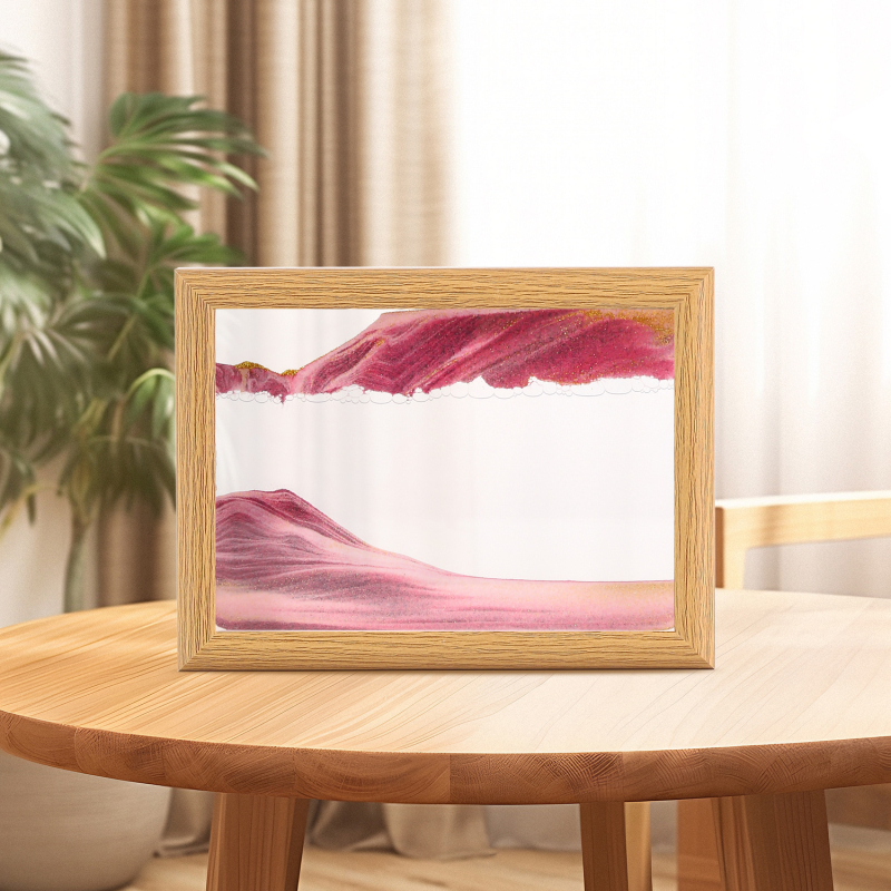 Ramă foto din lemn masiv cu pictură din nisip, clepsidră 3D, decor premium pentru birou și locuință.