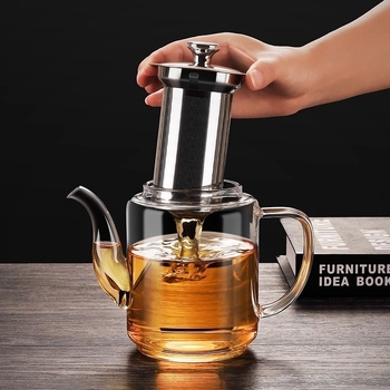 Ceainic din sticlă borosilicată rezistentă la temperaturi, infuzor din oțel inoxidabil, design pătrat cu fund plat, pentru utilizare pe plită cu cărbuni