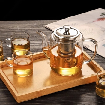 Ceainic din sticlă borosilicată rezistentă la temperaturi, infuzor din oțel inoxidabil, design pătrat cu fund plat, pentru utilizare pe plită cu cărbuni