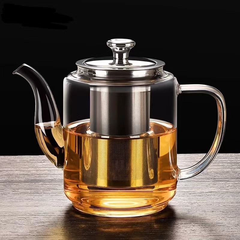 Ceainic din sticlă borosilicată rezistentă la temperaturi, infuzor din oțel inoxidabil, design pătrat cu fund plat, pentru utilizare pe plită cu cărbuni