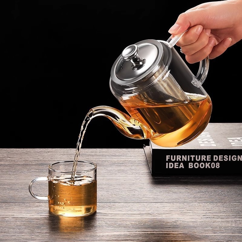 Ceainic din sticlă borosilicată rezistentă la temperaturi, infuzor din oțel inoxidabil, design pătrat cu fund plat, pentru utilizare pe plită cu cărbuni