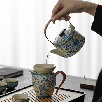 Set Kung Fu de ceai din ceramică Ru Kiln, albastru-alb, pentru uz casnic — ceainic ceramic, cești de ceai premium și bol cu capac