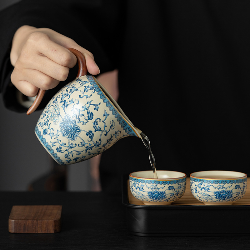 Set Kung Fu de ceai din ceramică Ru Kiln, albastru-alb, pentru uz casnic — ceainic ceramic, cești de ceai premium și bol cu capac