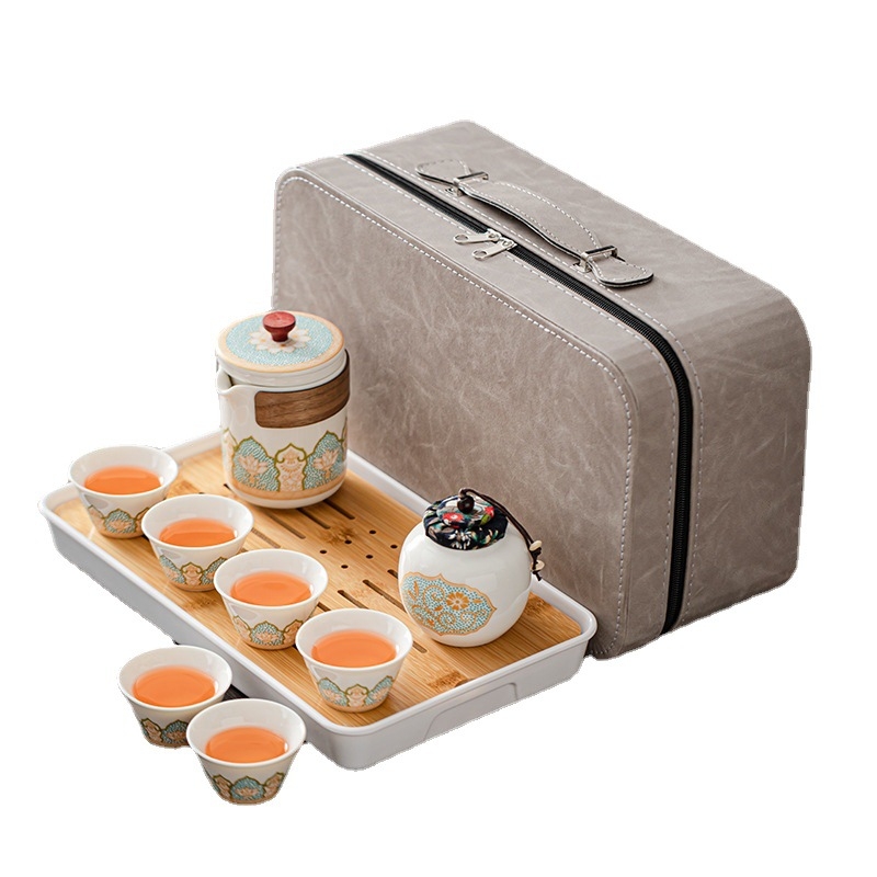 Set de ceai portabil din ceramică cu tavă din bambus, cutie cadou, finisaj glazurat, include ceainic, cești și accesorii – personalizabil pentru 6 persoane