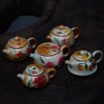 Ceainic în formă de pește-puffer și ceainic în formă de pepene, set mini ceramic pentru ceai, pictură manuală
